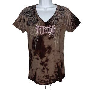 Affliction Brown Tie Dye T-shirt Size M Wings Lace Up Glitter Rhinestone McBling